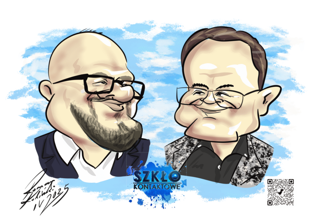 Szkło kontaktowe i karykatura prowadzących